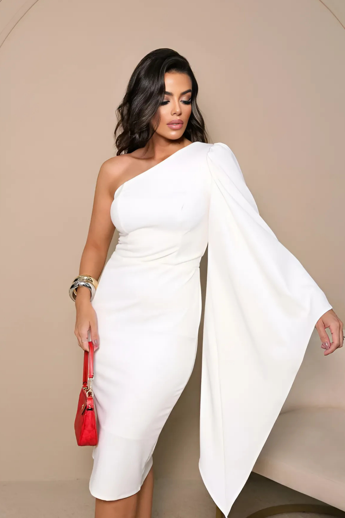 Vestido Mídi de Noivado Ombro Único Manga Longa - Clarisse
