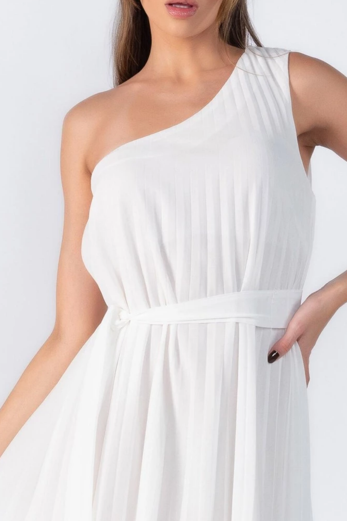 Vestido Mídi de Noivado Plissado Ombro Único - Amélia