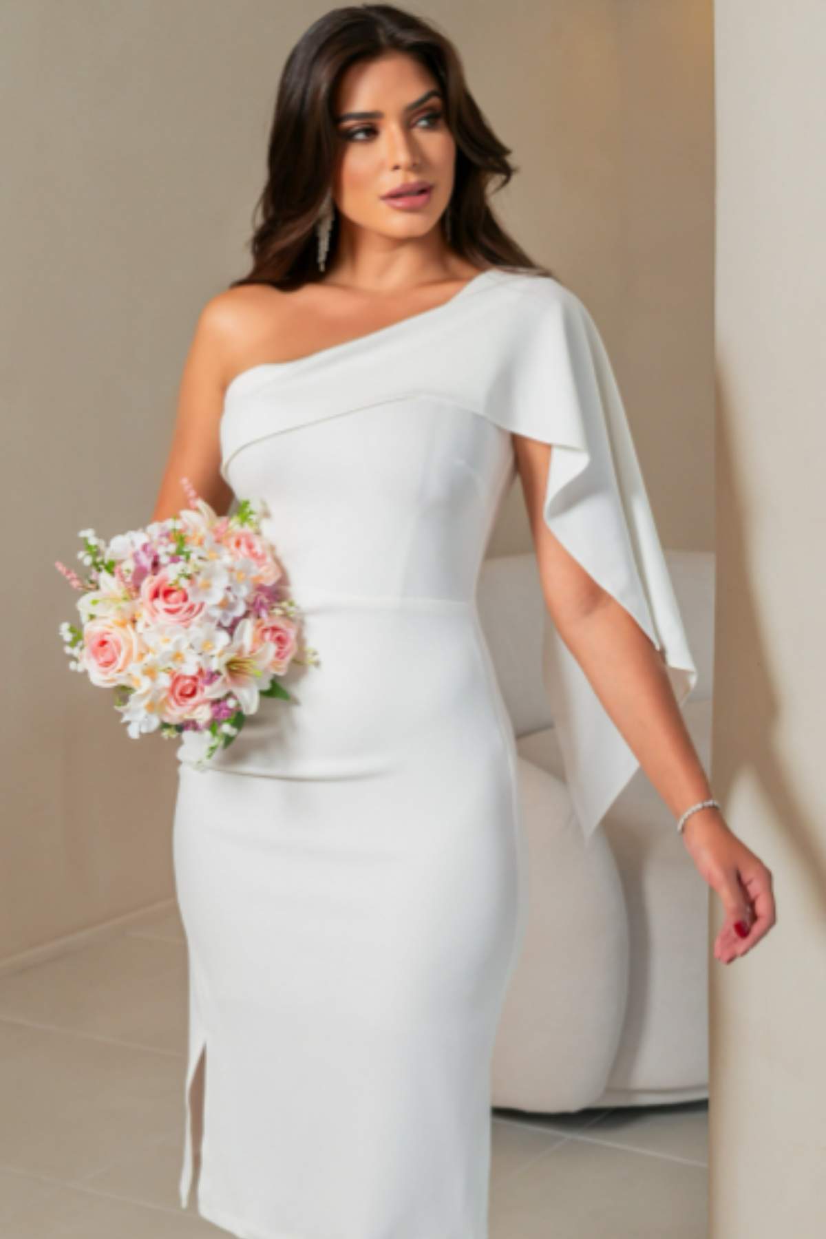 Vestido Mídi de Noivado Alfaiataria Ombro Único - Louise