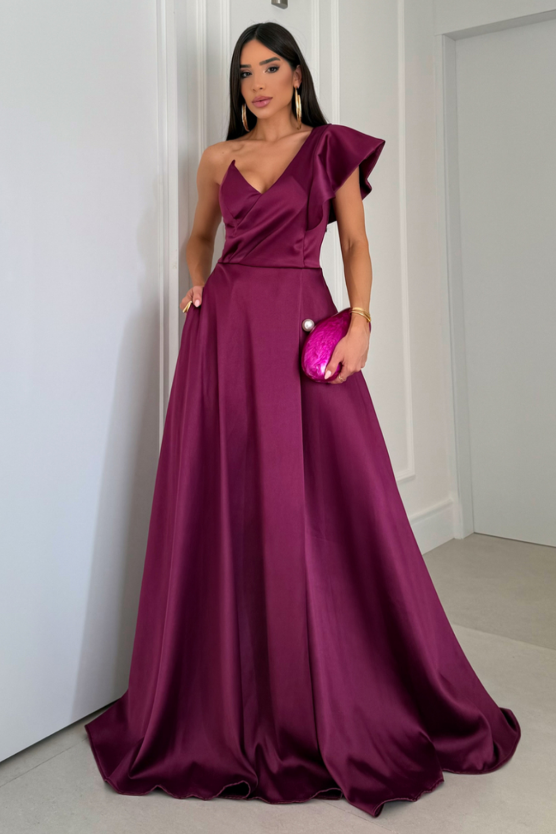 Vestido Longo Ombro Único Com Babado - Marjori