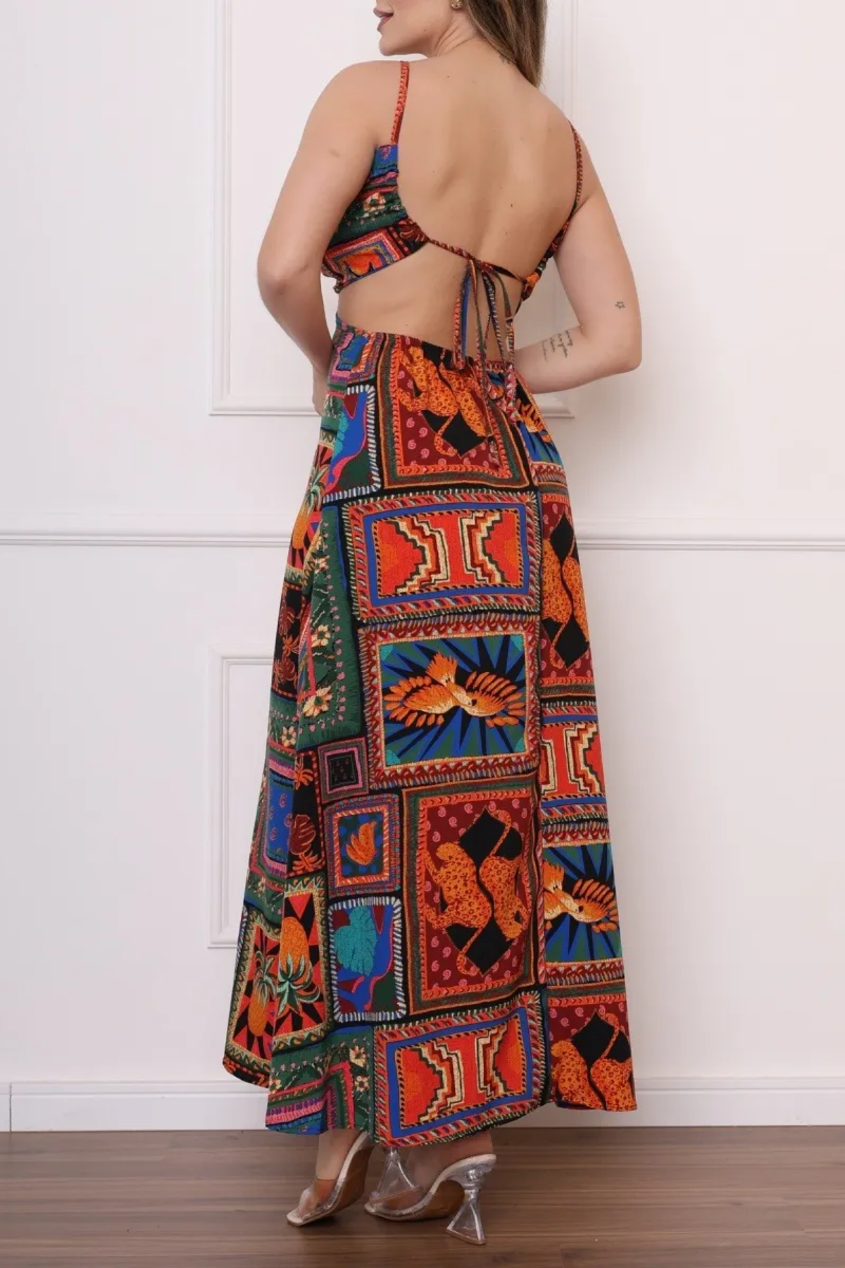 Vestido Longo Resorts De Alça Costa Aberta Estampa Com Bojo - Nathy