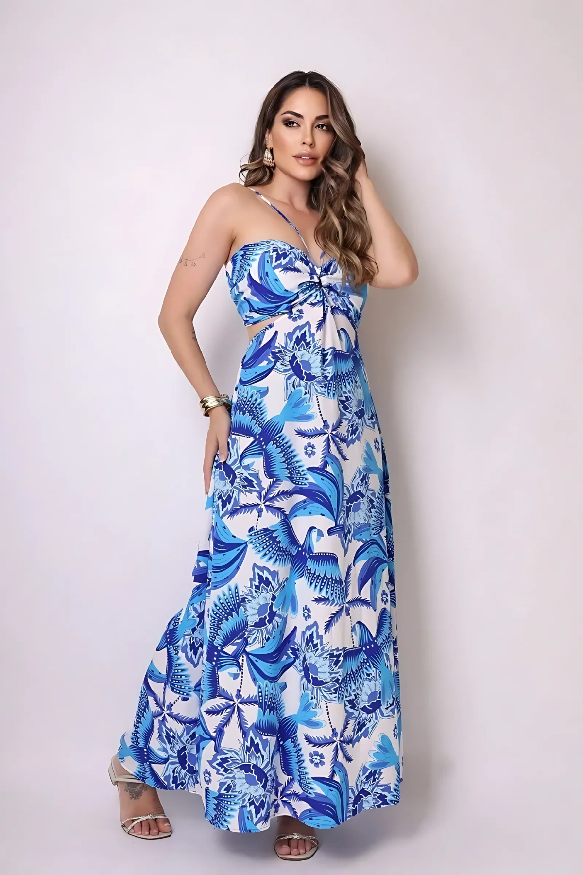 Vestido Longo Resorts De Alça Costa Aberta Estampa Com Bojo - Nathy