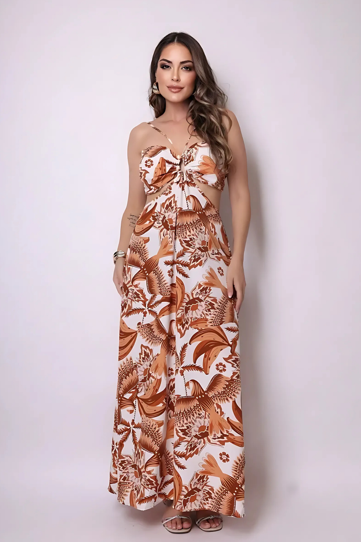 Vestido Longo Resorts De Alça Costa Aberta Estampa Com Bojo - Nathy