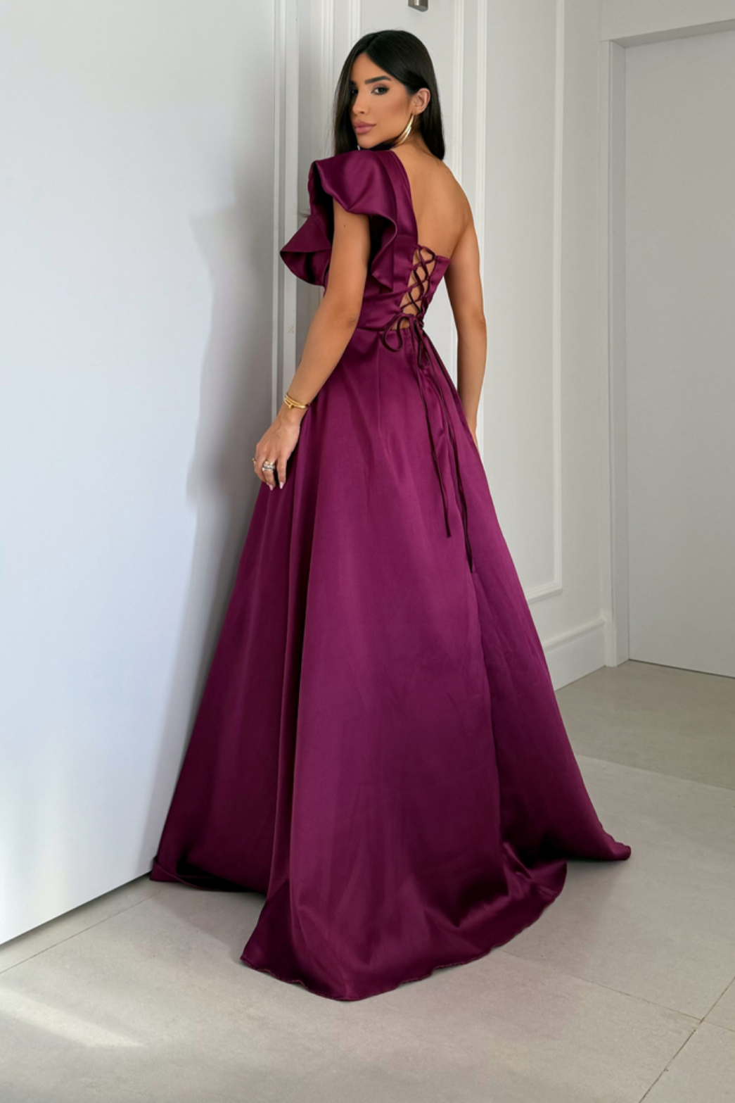 Vestido Longo Ombro Único Com Babado - Marjori