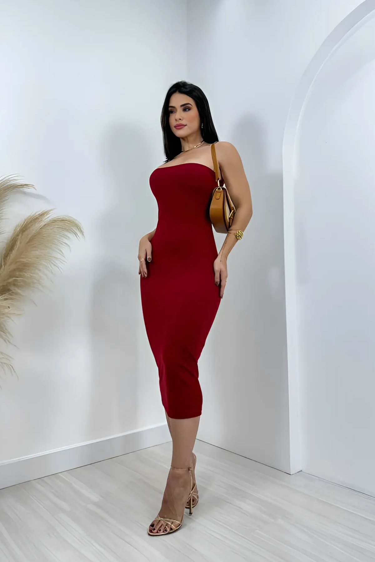 Vestido Midi Tomara que Caia Canelado - Valentina