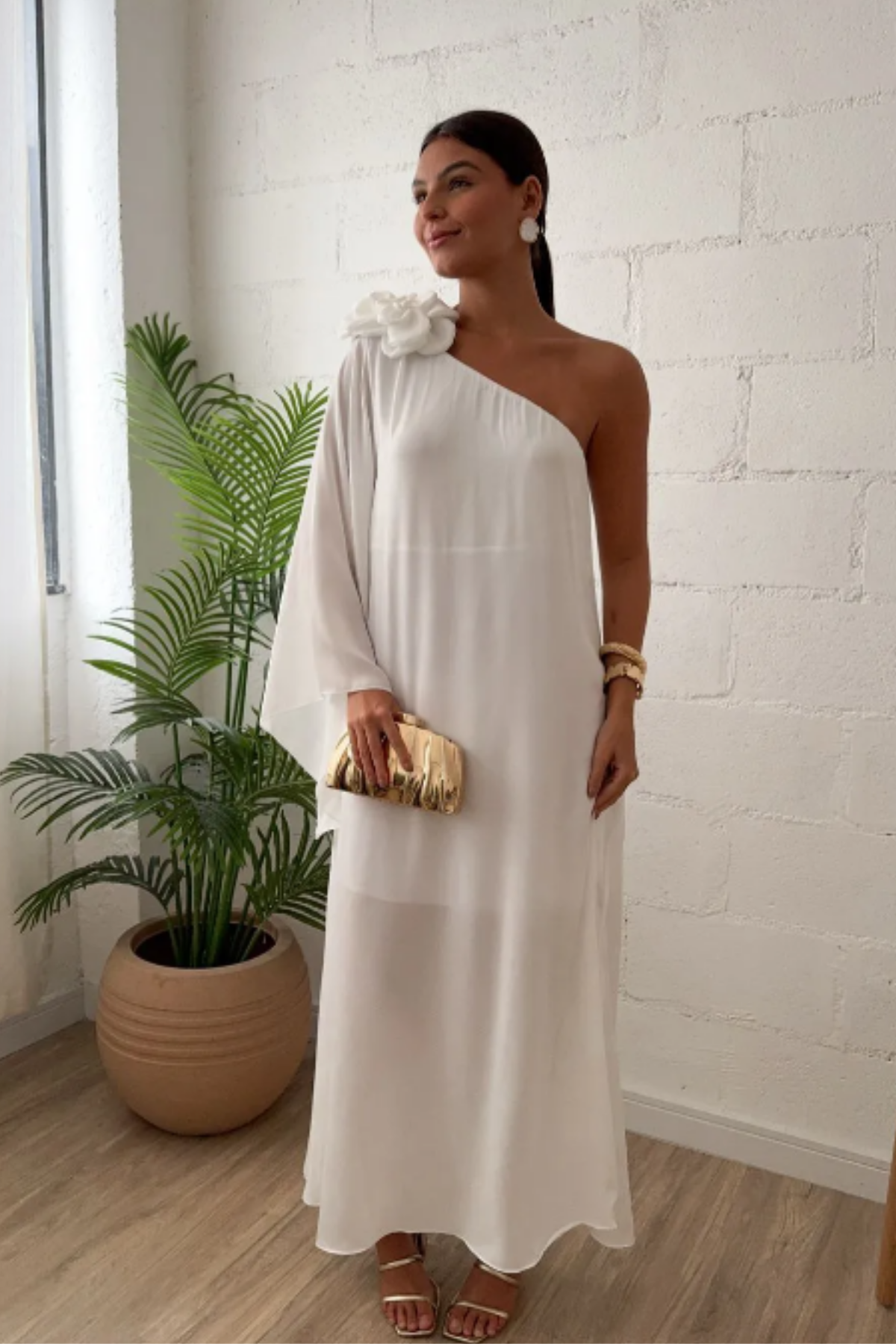 Vestido Longo Noivado Ombro Único Flor - Helen