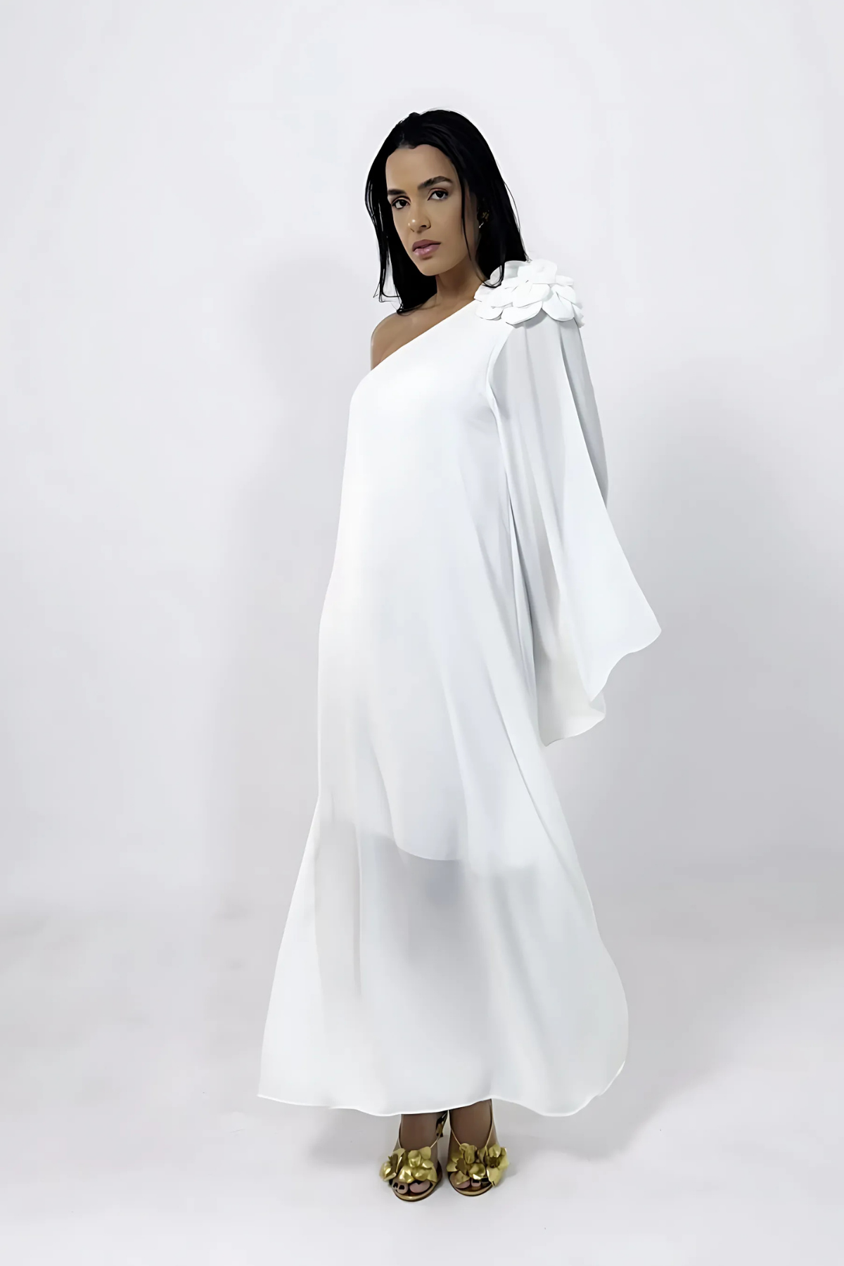 Vestido Longo Noivado Ombro Único Flor - Helen