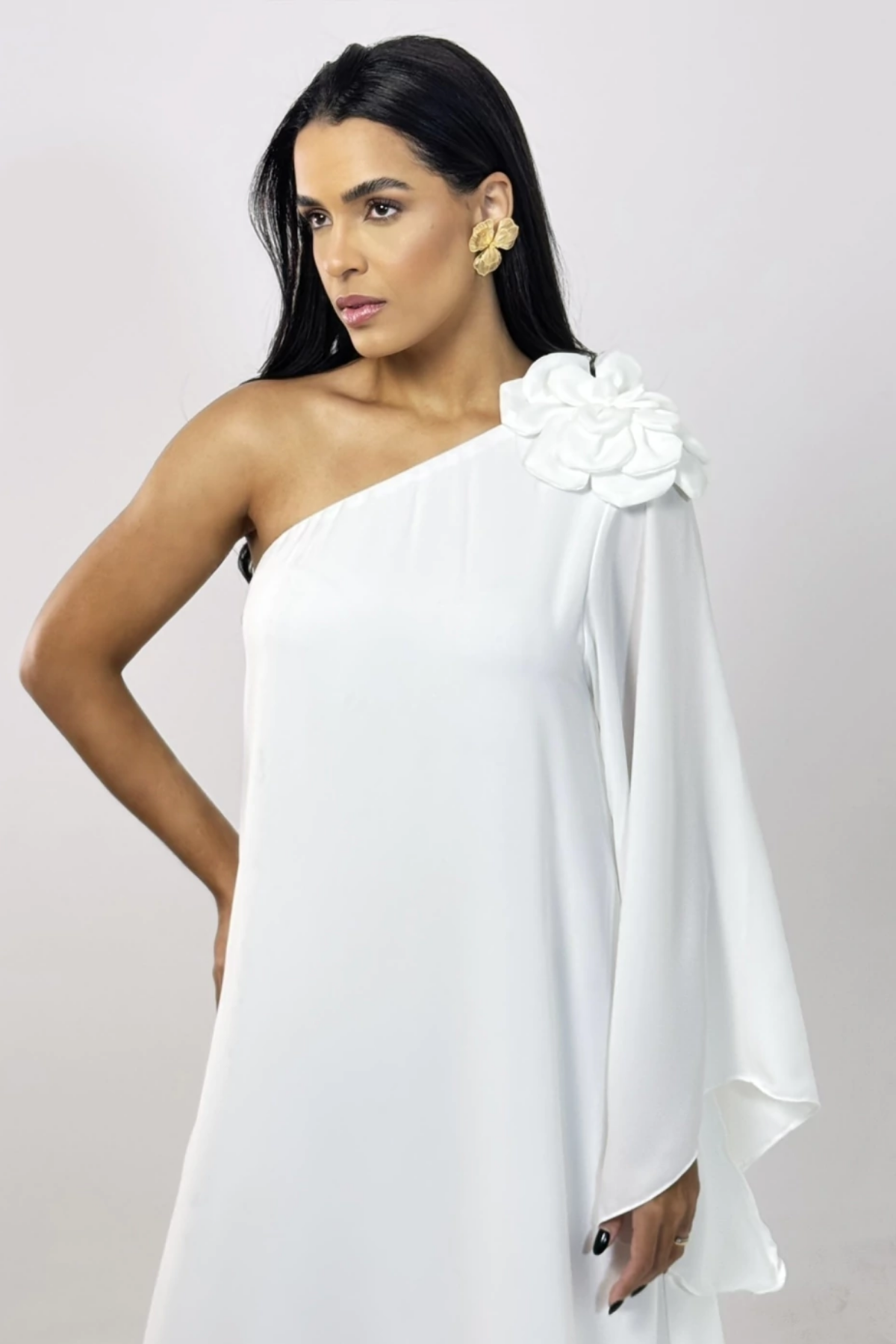 Vestido Longo Noivado Ombro Único Flor - Helen