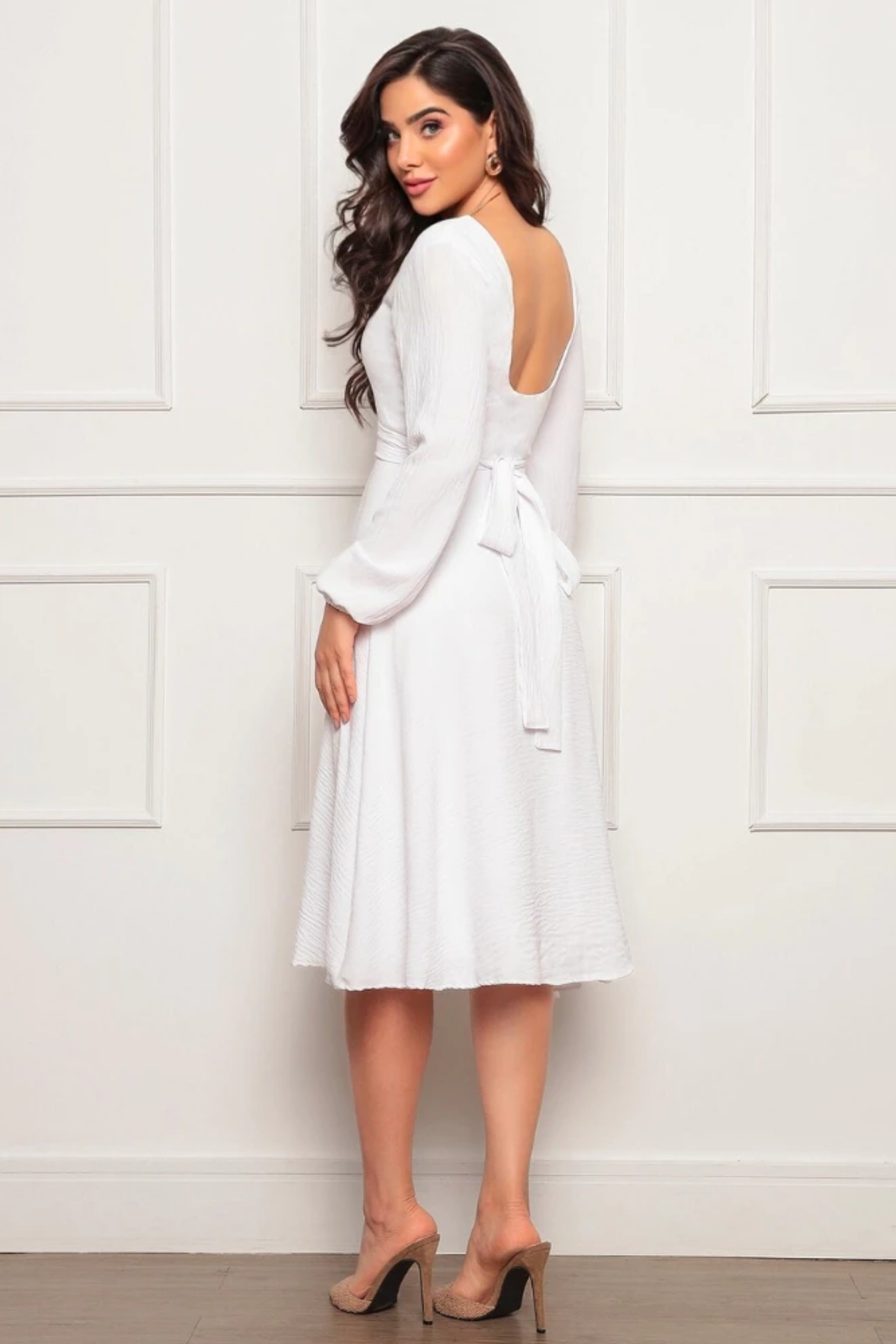 Vestido Mídi de Noivado Manga Longa Costas Nuas - Ellie