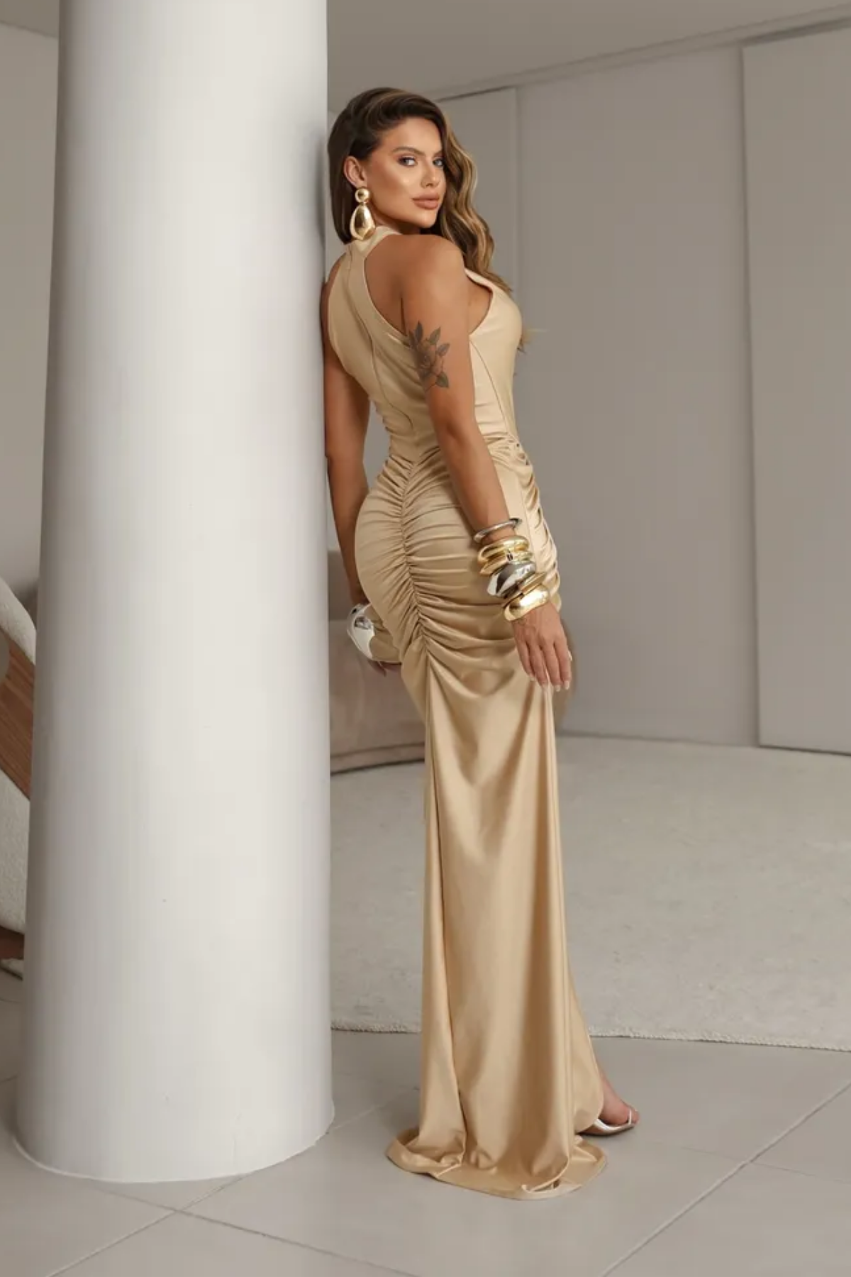Vestido Longo Drapeado Gola Alta - Zoe