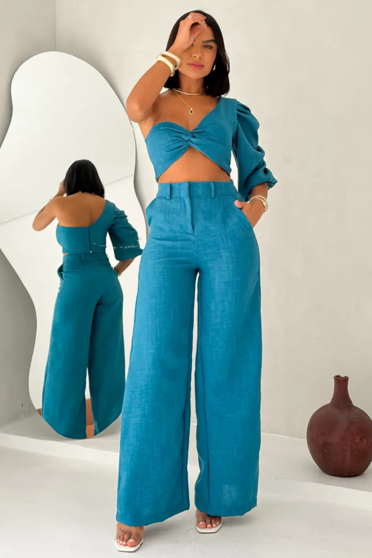 Conjunto Alfaiataria Top Manga Única Balonê e Calça Pantalona - Lavínia