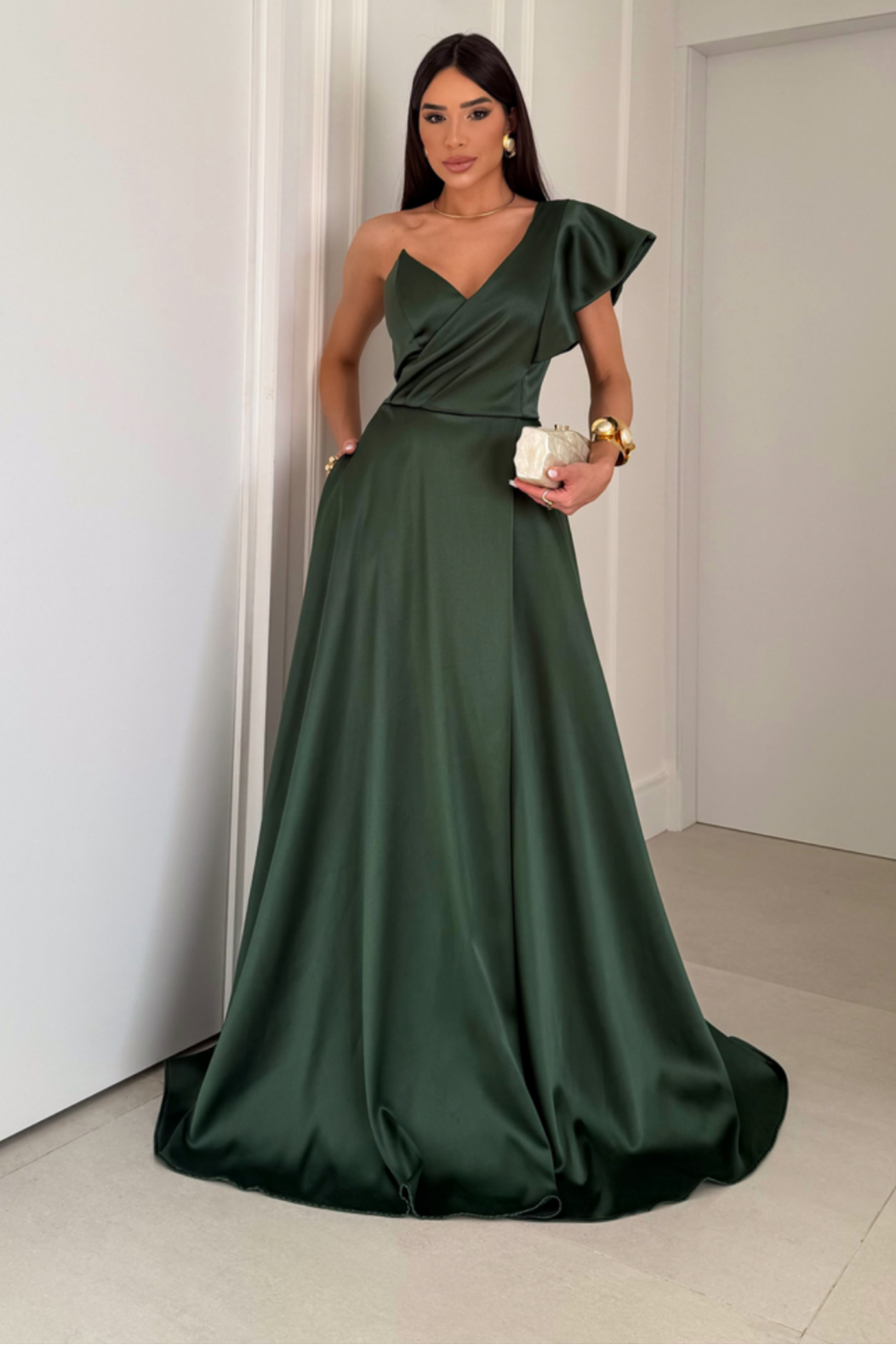 Vestido Longo Ombro Único Com Babado - Marjori