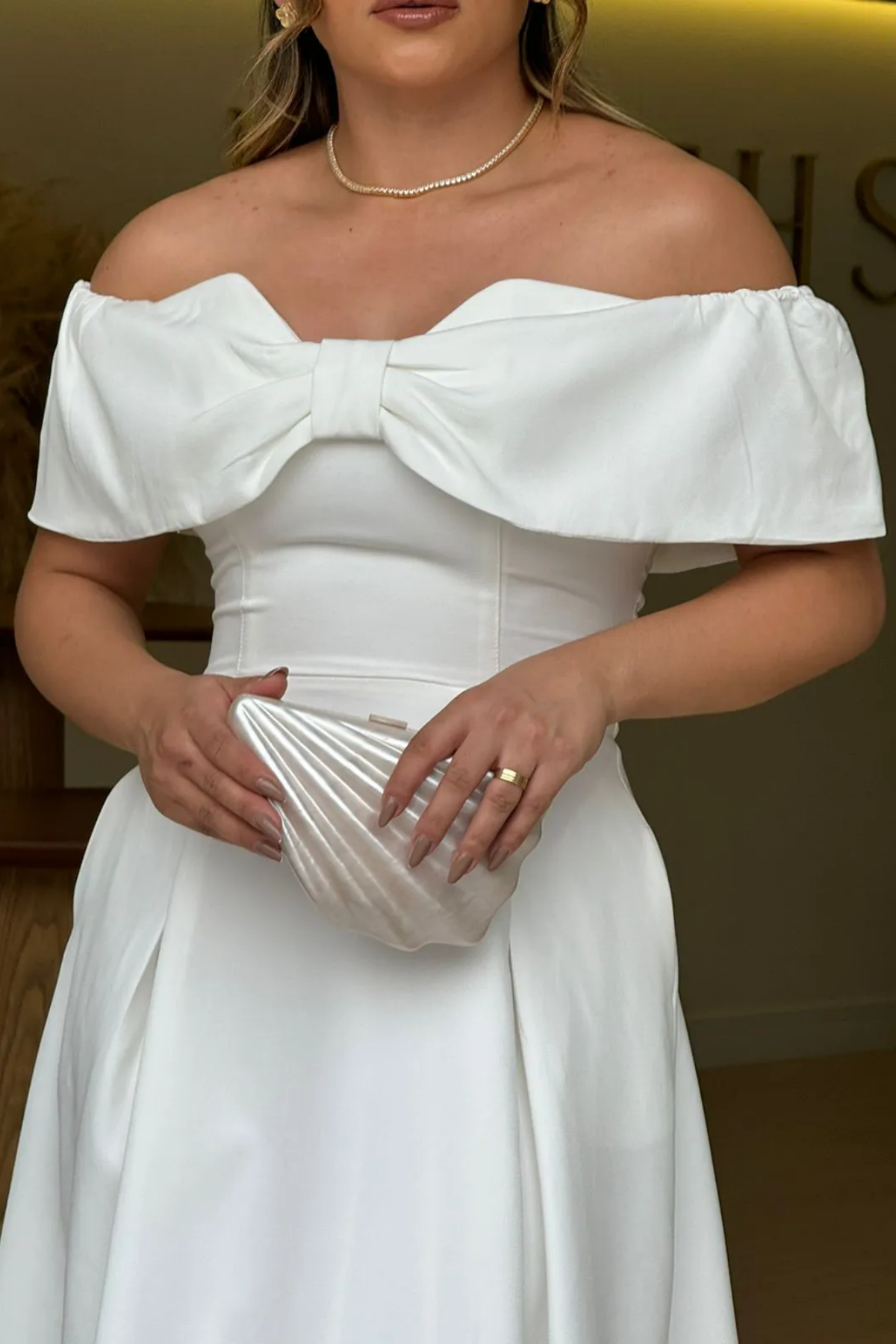 Vestido Mídi de Noivado Alfaiataria Ombro a Ombro - Stella