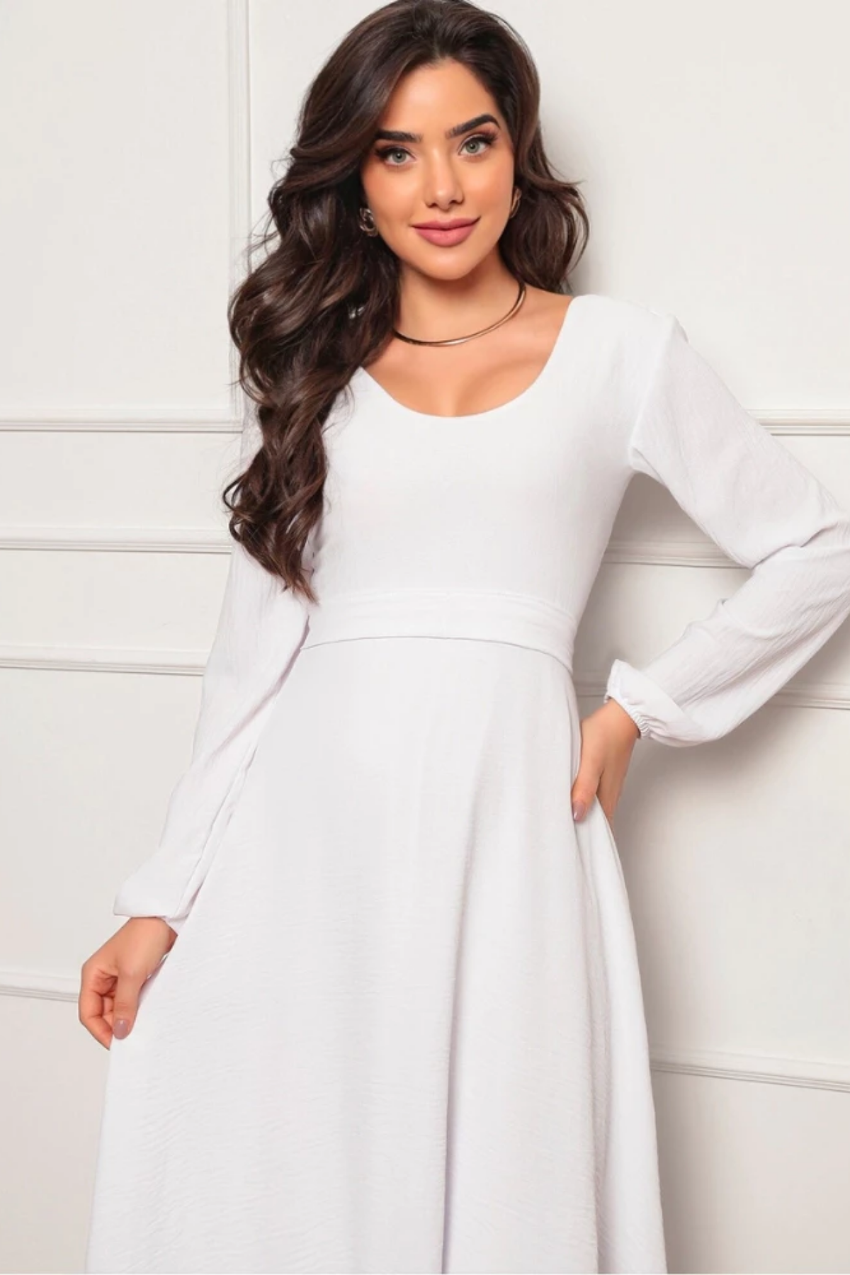 Vestido Mídi de Noivado Manga Longa Costas Nuas - Ellie