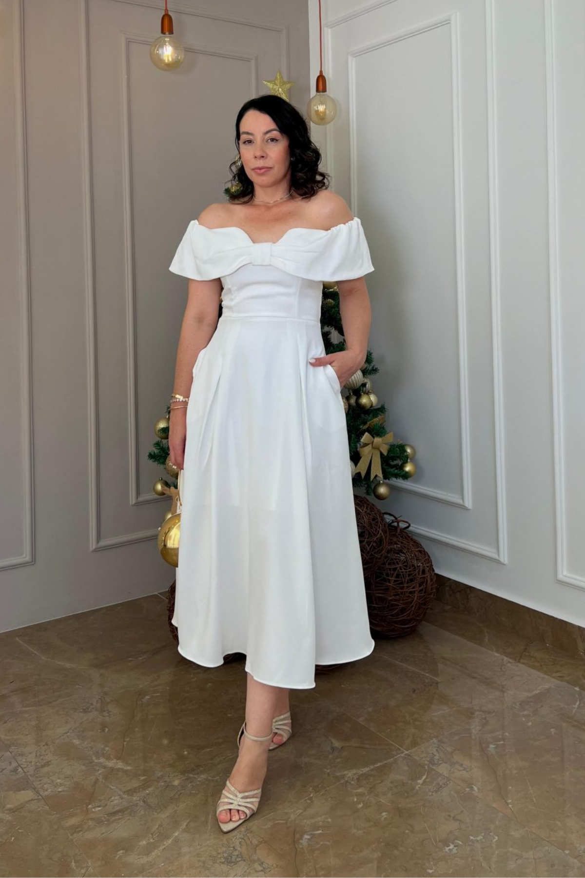 Vestido Mídi de Noivado Alfaiataria Ombro a Ombro - Stella