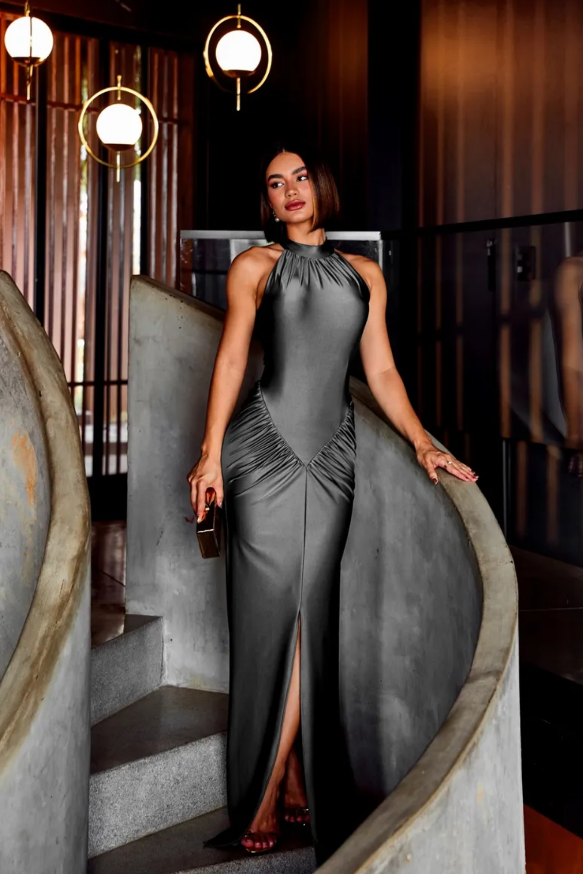 Vestido Longo Drapeado Gola Alta - Zoe