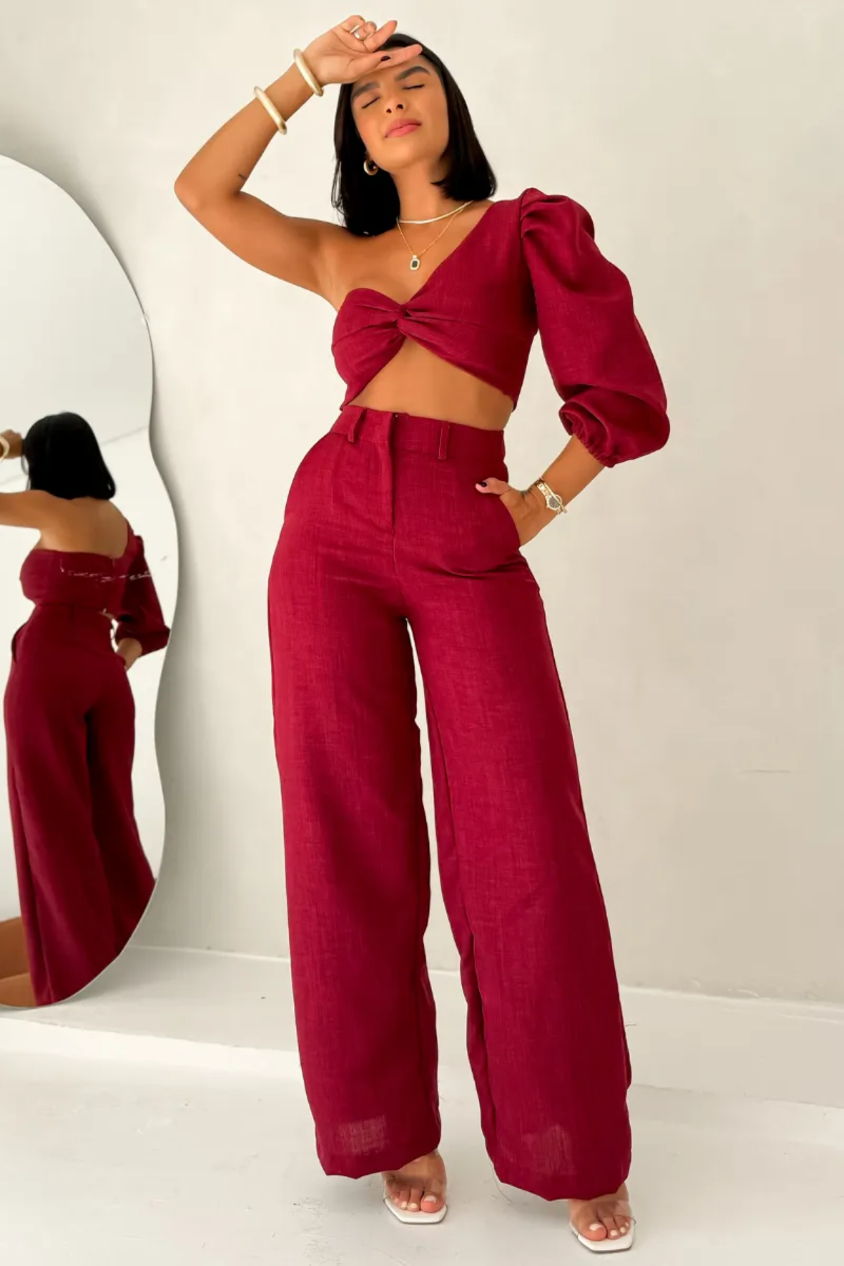 Conjunto Alfaiataria Top Manga Única Balonê e Calça Pantalona - Lavínia