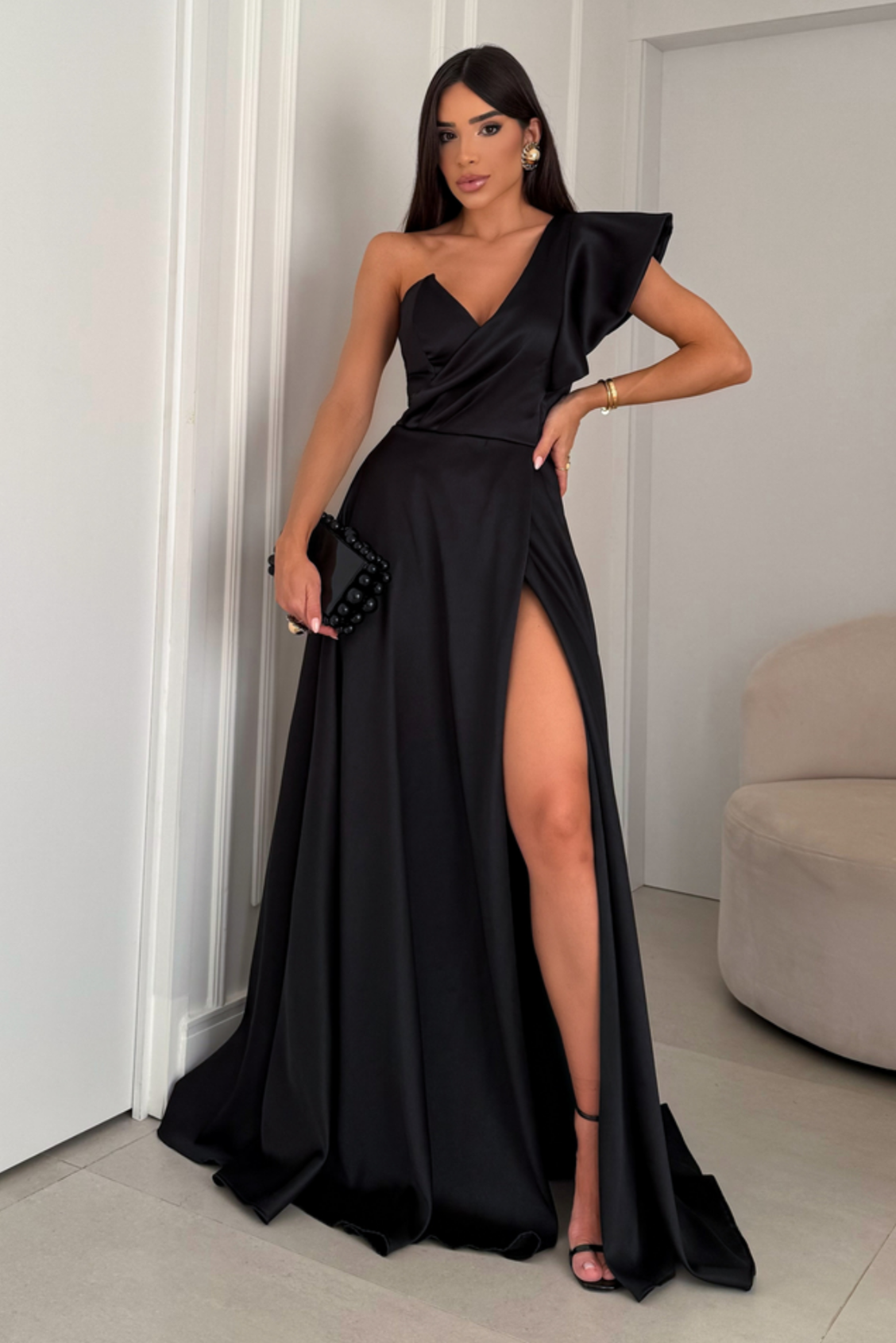 Vestido Longo Ombro Único Com Babado - Marjori