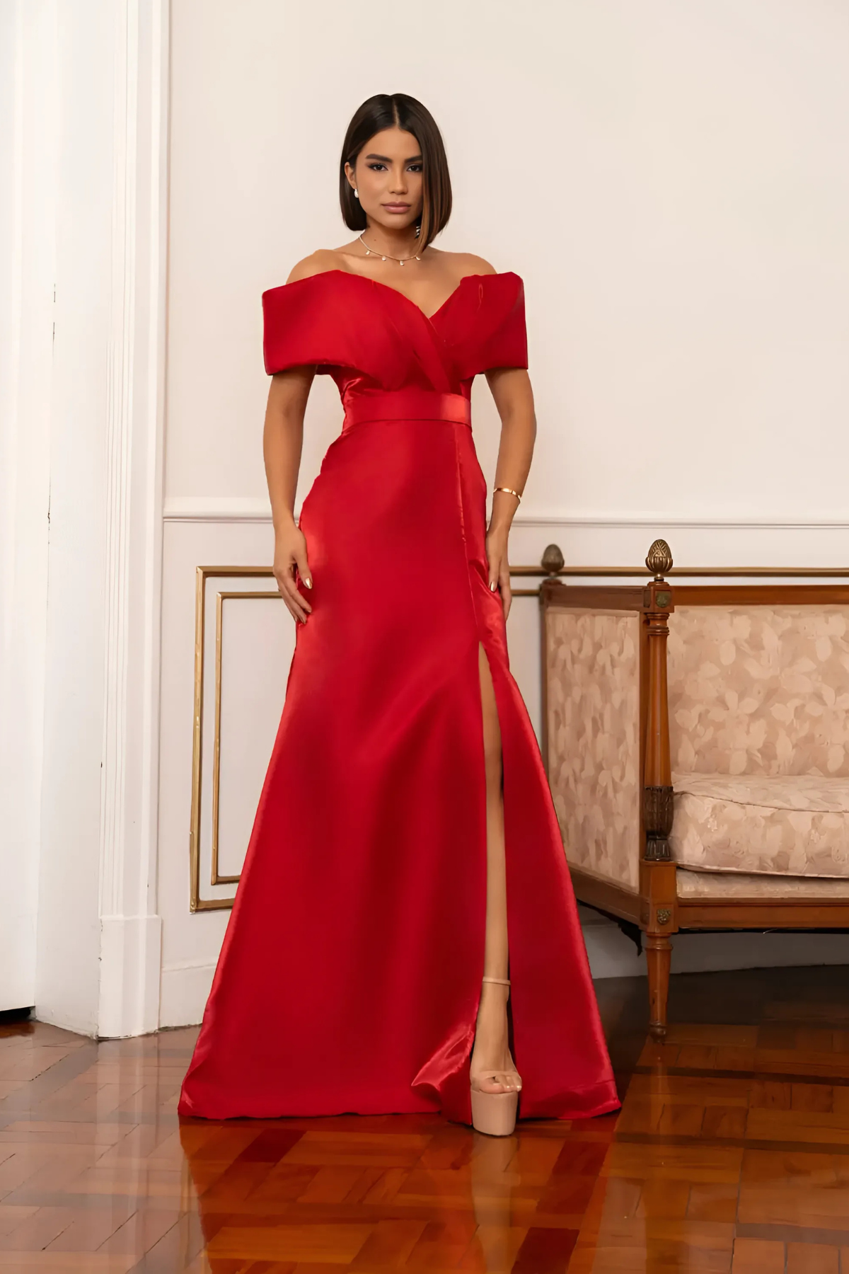 Vestido Longo Ombro a Ombro Com Fenda - Ângela
