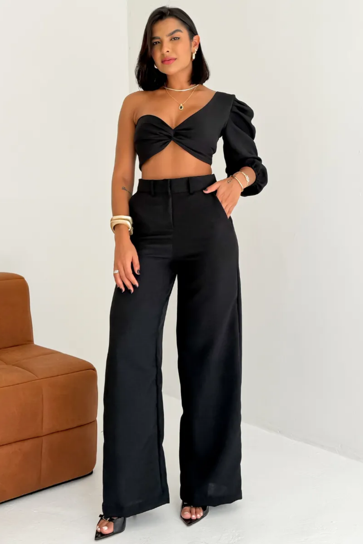 Conjunto Alfaiataria Top Manga Única Balonê e Calça Pantalona - Lavínia