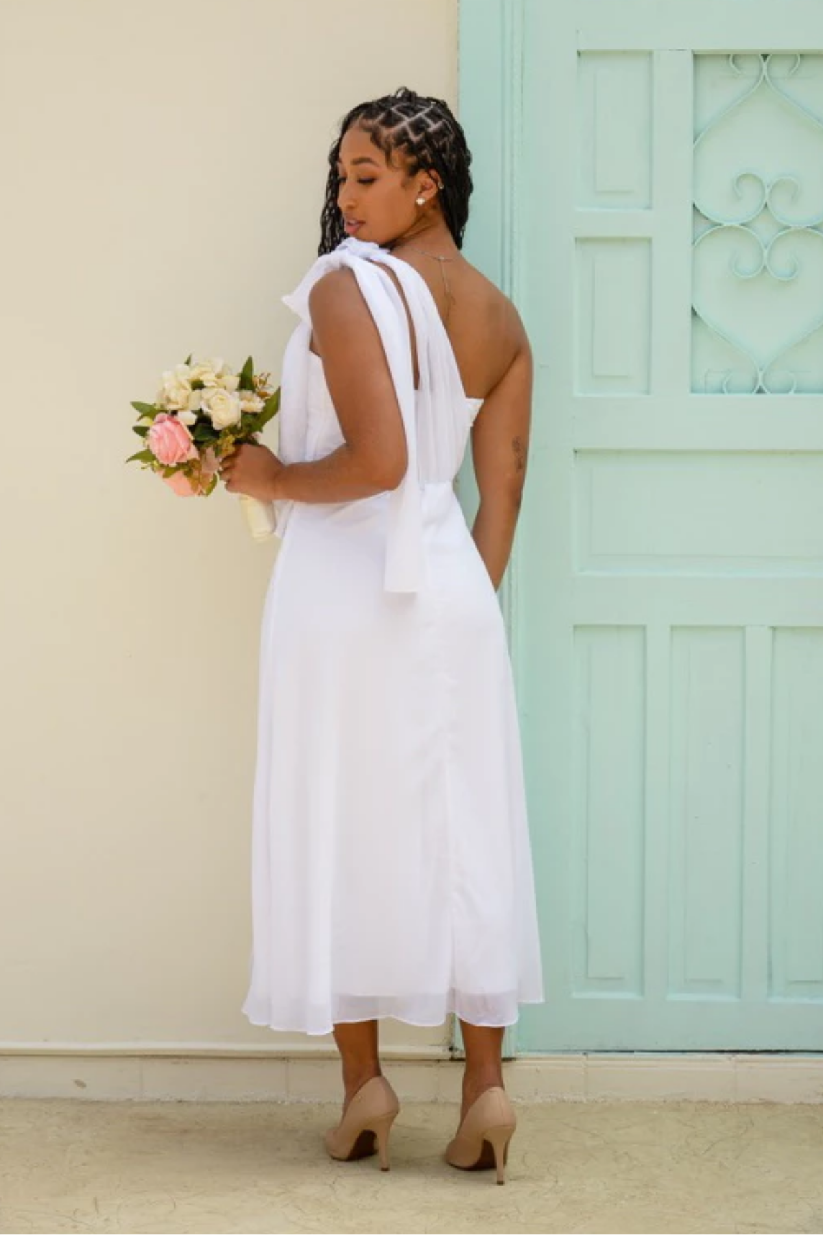 Vestido Mídi de Noivado em Tule Multi Amarrações Ombro Único - Emilly