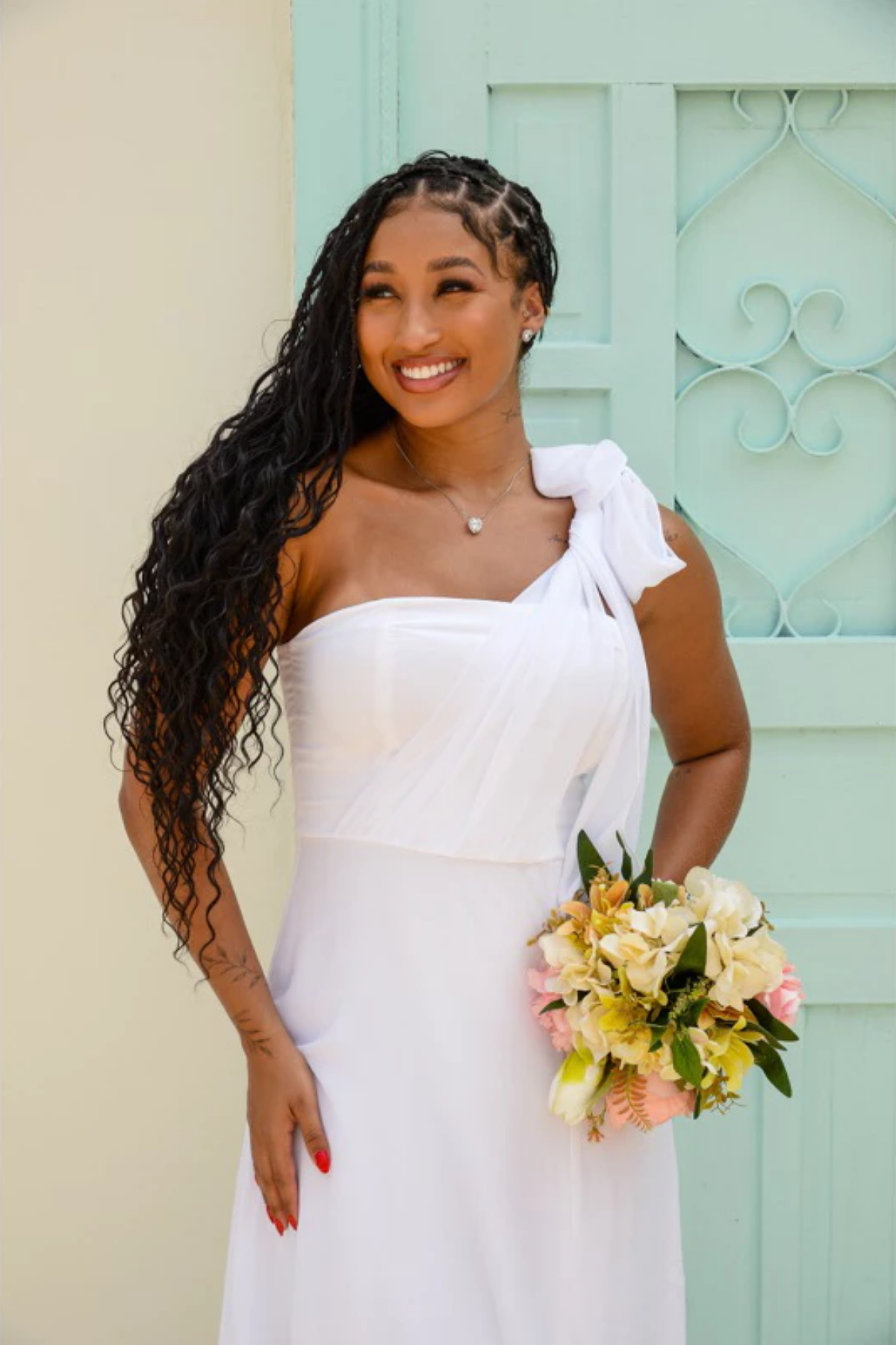 Vestido Mídi de Noivado em Tule Multi Amarrações Ombro Único - Emilly
