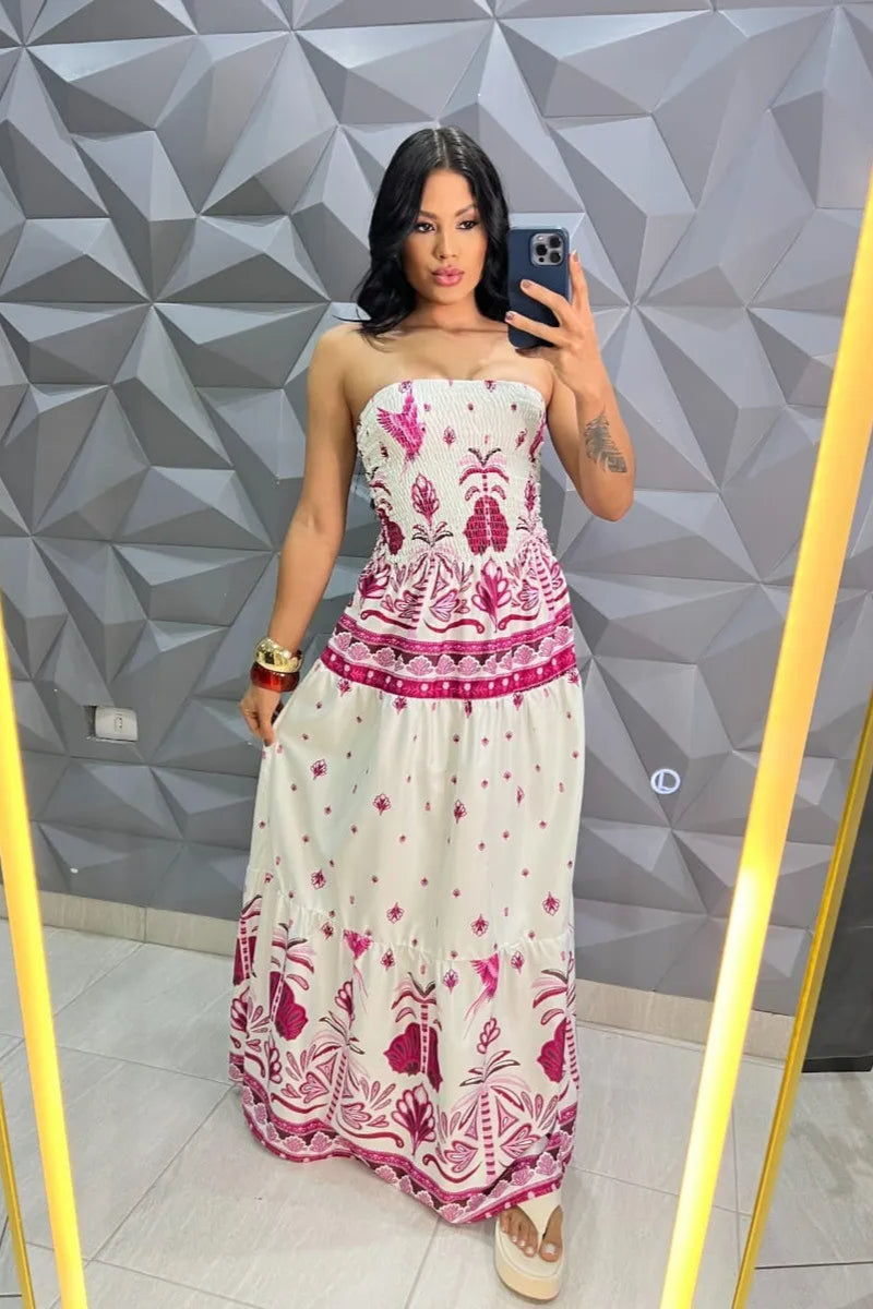 Vestido Longo Floral Recorte Na Cintura - Thaylana