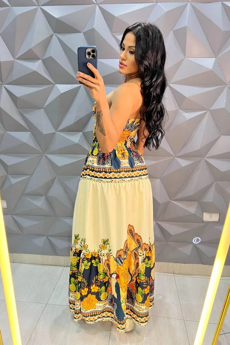 Vestido Longo Floral Recorte Na Cintura - Thaylana
