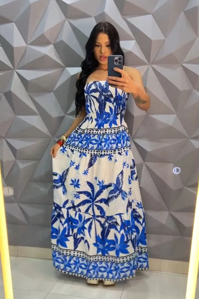 Vestido Longo Floral Recorte Na Cintura - Thaylana