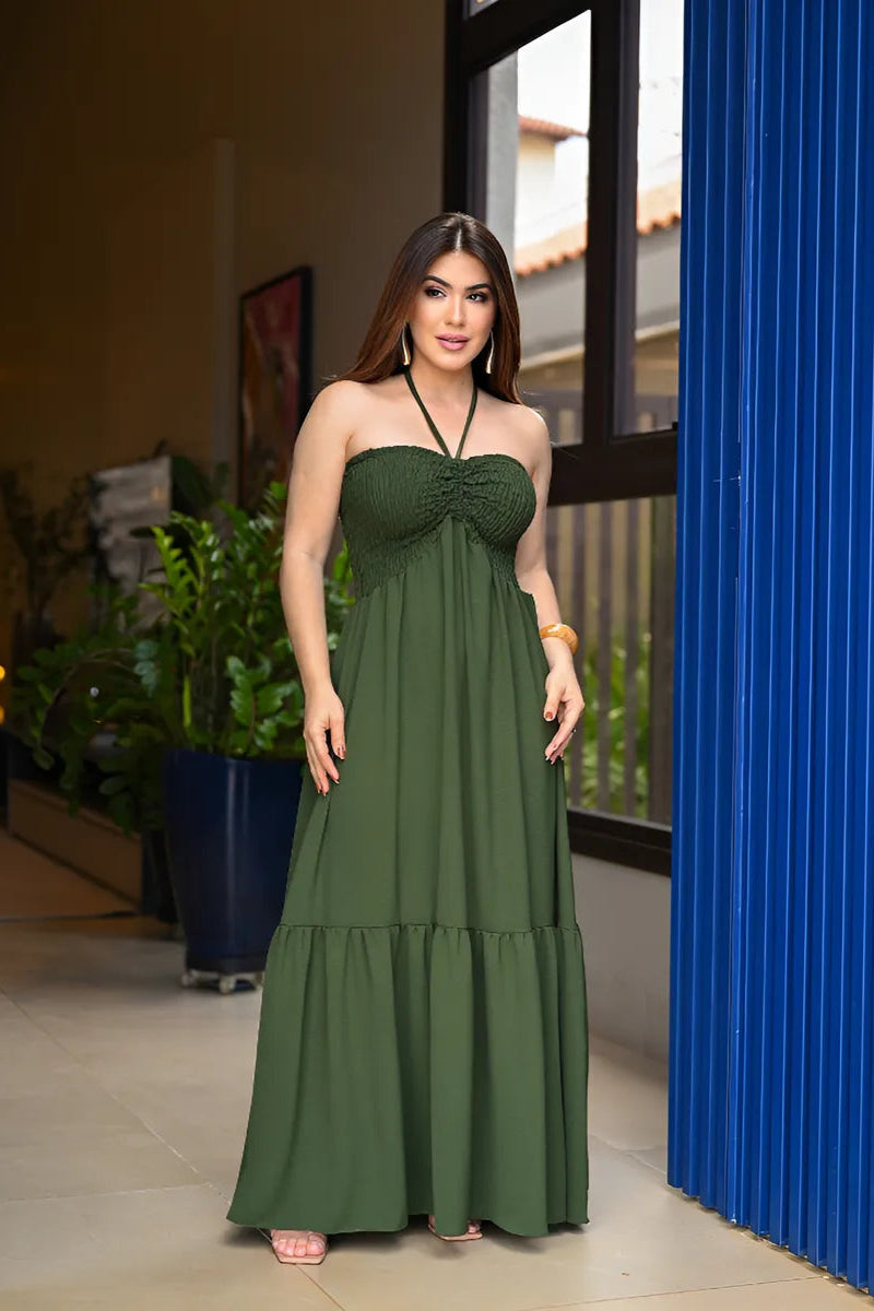 Vestido Longo Lastex Tomara Caia Com Alça Franzido Regulável - Luna