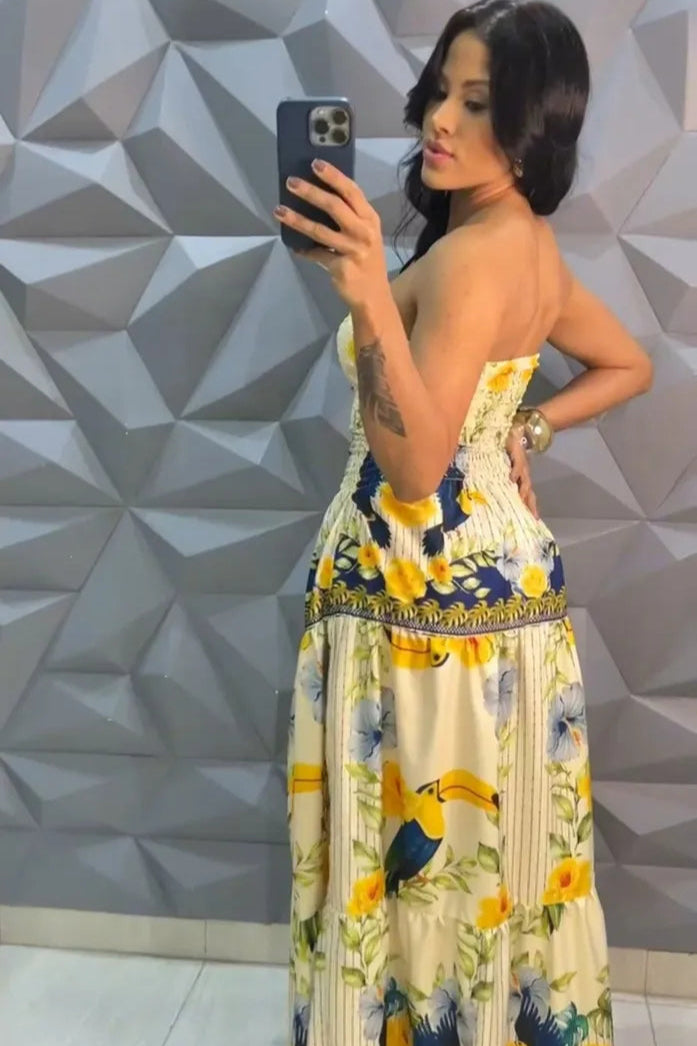 Vestido Longo Floral Recorte Na Cintura - Thaylana