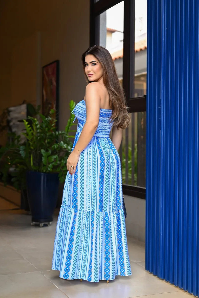 Vestido Longo Lastex Tomara Caia Com Alça Franzido Regulável - Luna