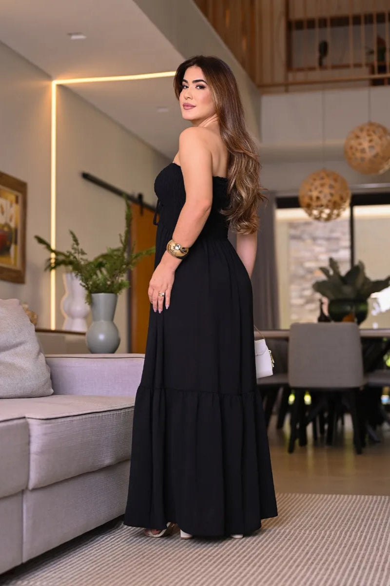 Vestido Longo Lastex Tomara Caia Com Alça Franzido Regulável - Luna