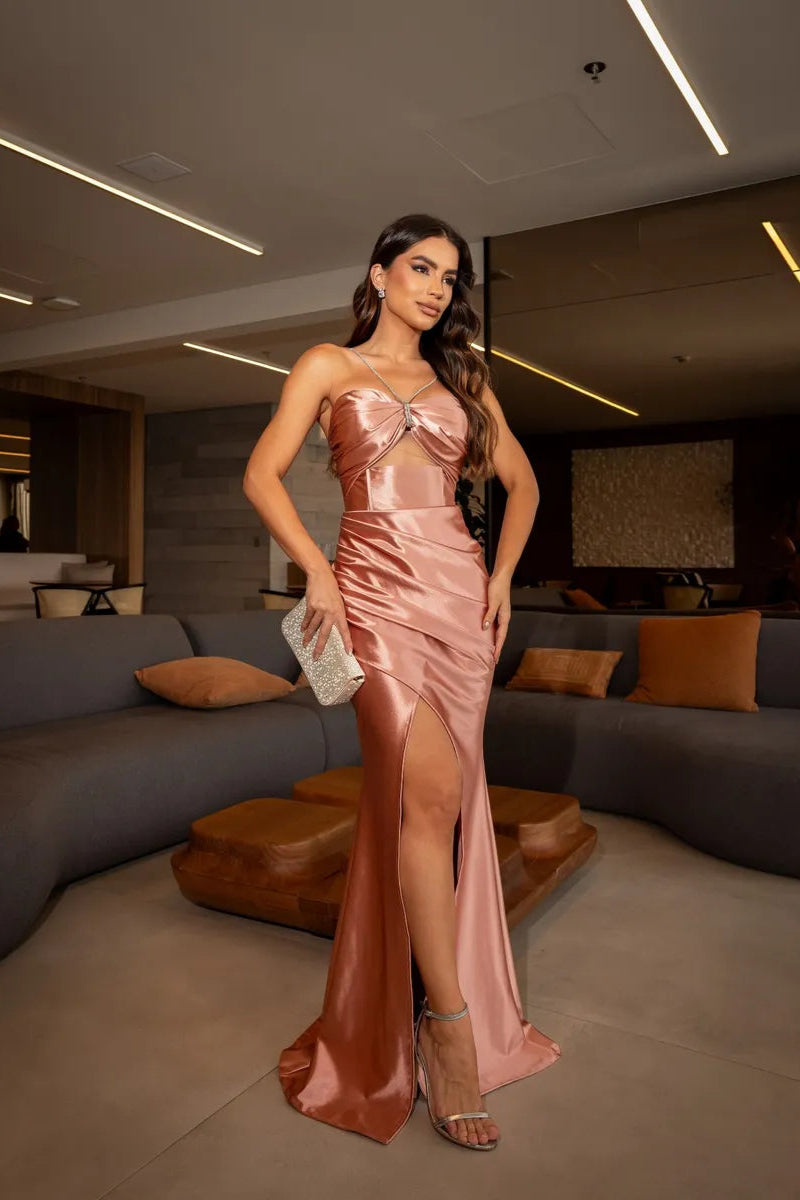 Vestido Longo Acetinado Alça Strass Com Fenda - Amanda