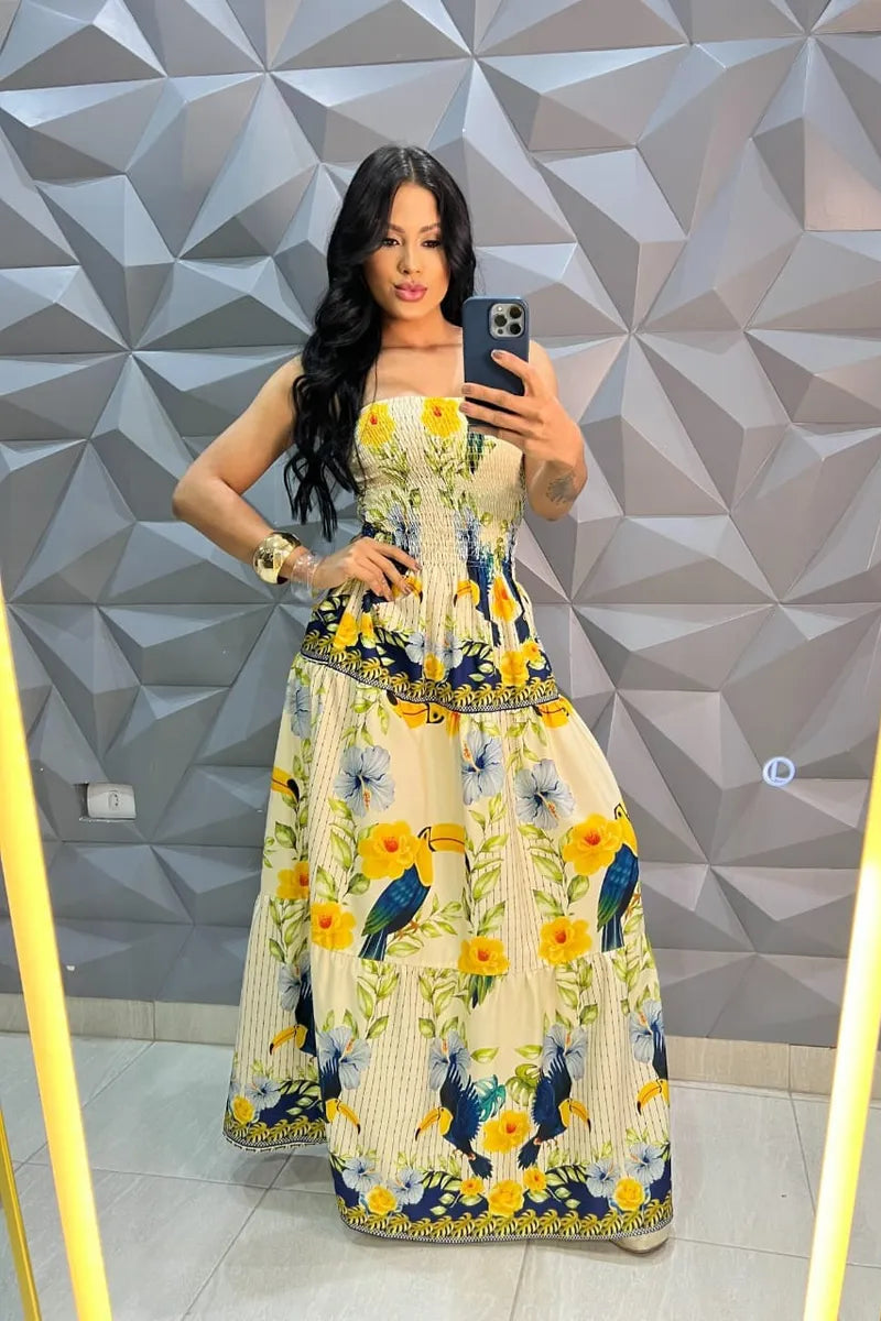 Vestido Longo Floral Recorte Na Cintura - Thaylana