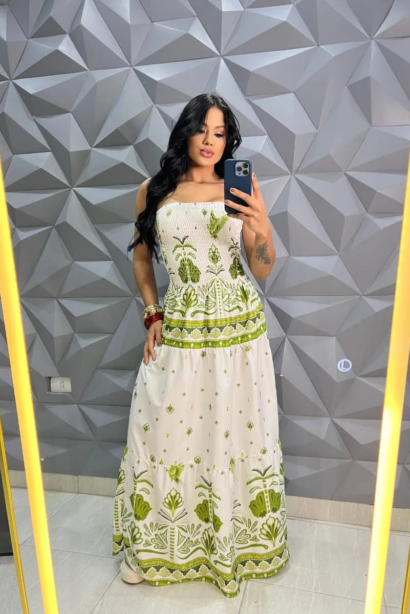 Vestido Longo Floral Recorte Na Cintura - Thaylana