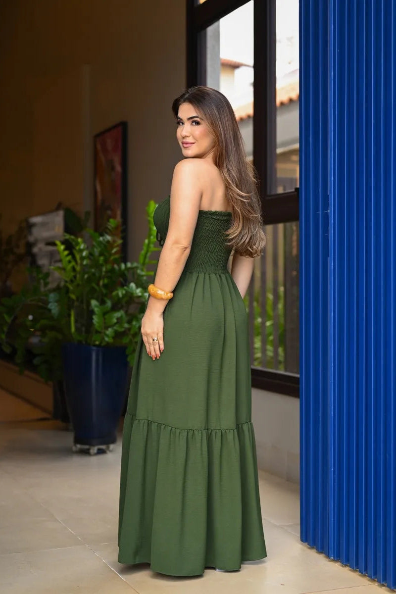Vestido Longo Lastex Tomara Caia Com Alça Franzido Regulável - Luna