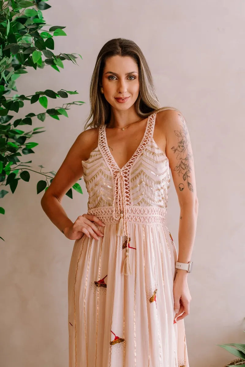 Vestido Longo Crepe De Alcinha Bordado Florzinhas - Claudia