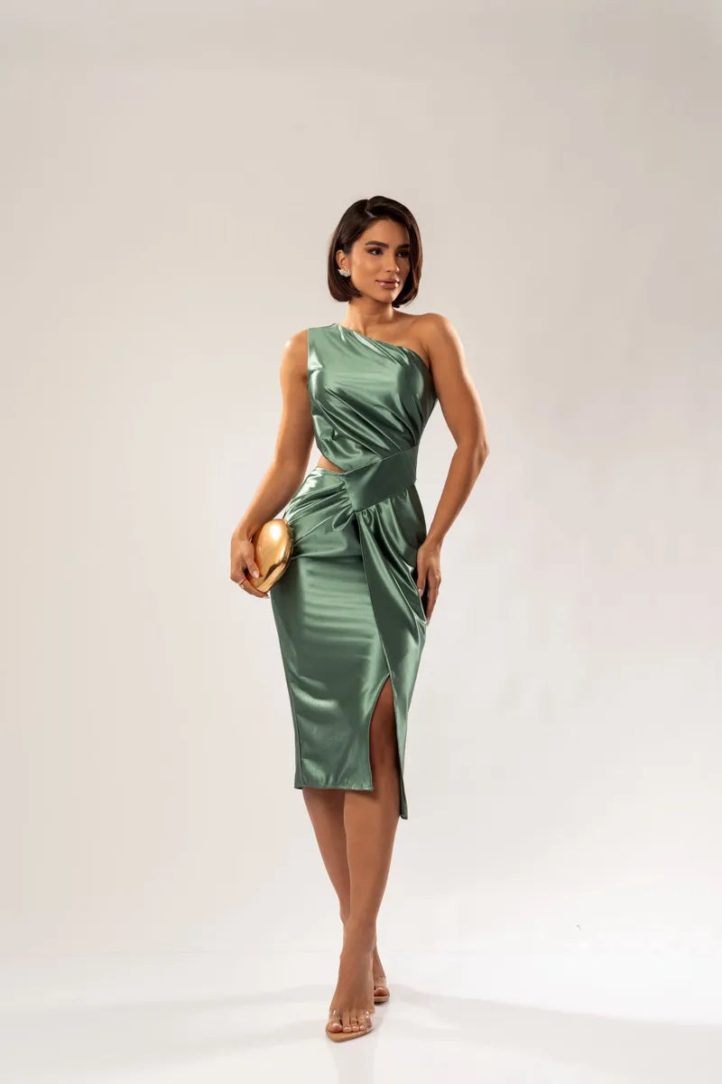 Vestido Midi Ombro Único com Fenda - Verônica