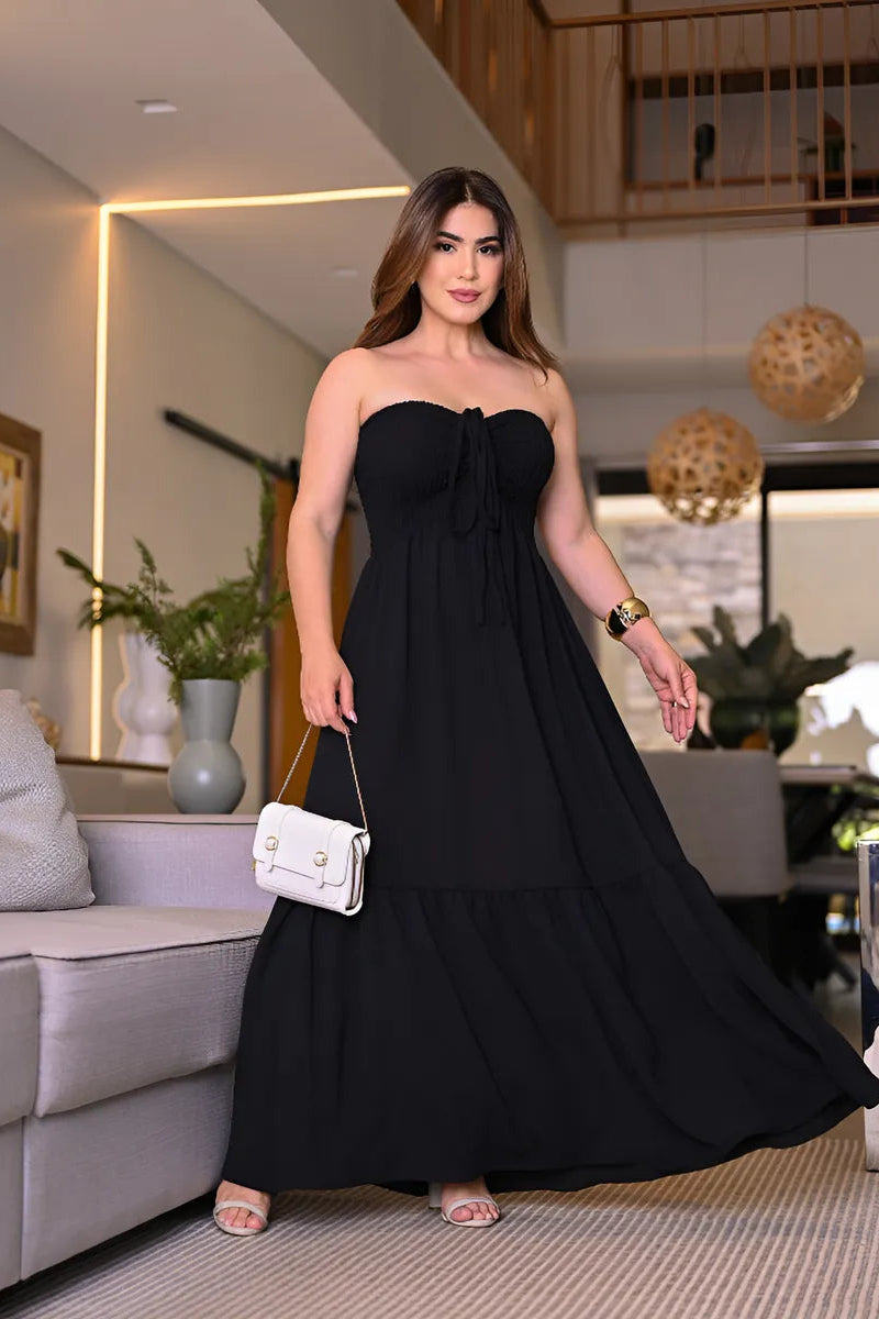 Vestido Longo Lastex Tomara Caia Com Alça Franzido Regulável - Luna