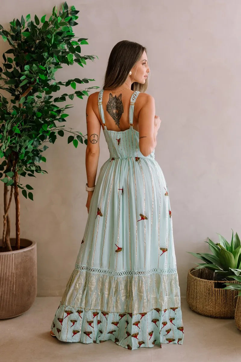 Vestido Longo Crepe De Alcinha Bordado Florzinhas - Claudia