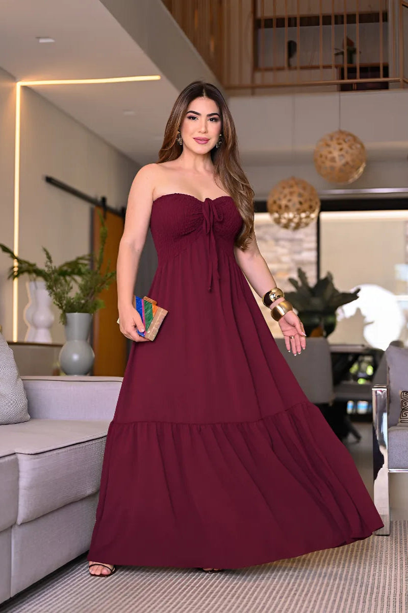 Vestido Longo Lastex Tomara Caia Com Alça Franzido Regulável - Luna