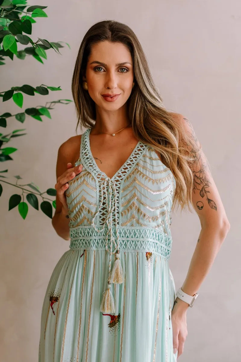 Vestido Longo Crepe De Alcinha Bordado Florzinhas - Claudia