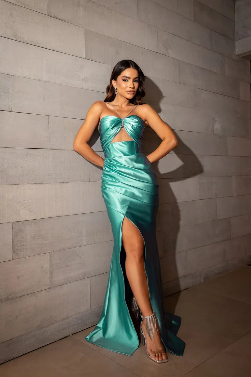 Vestido Longo Acetinado Alça Strass Com Fenda - Amanda