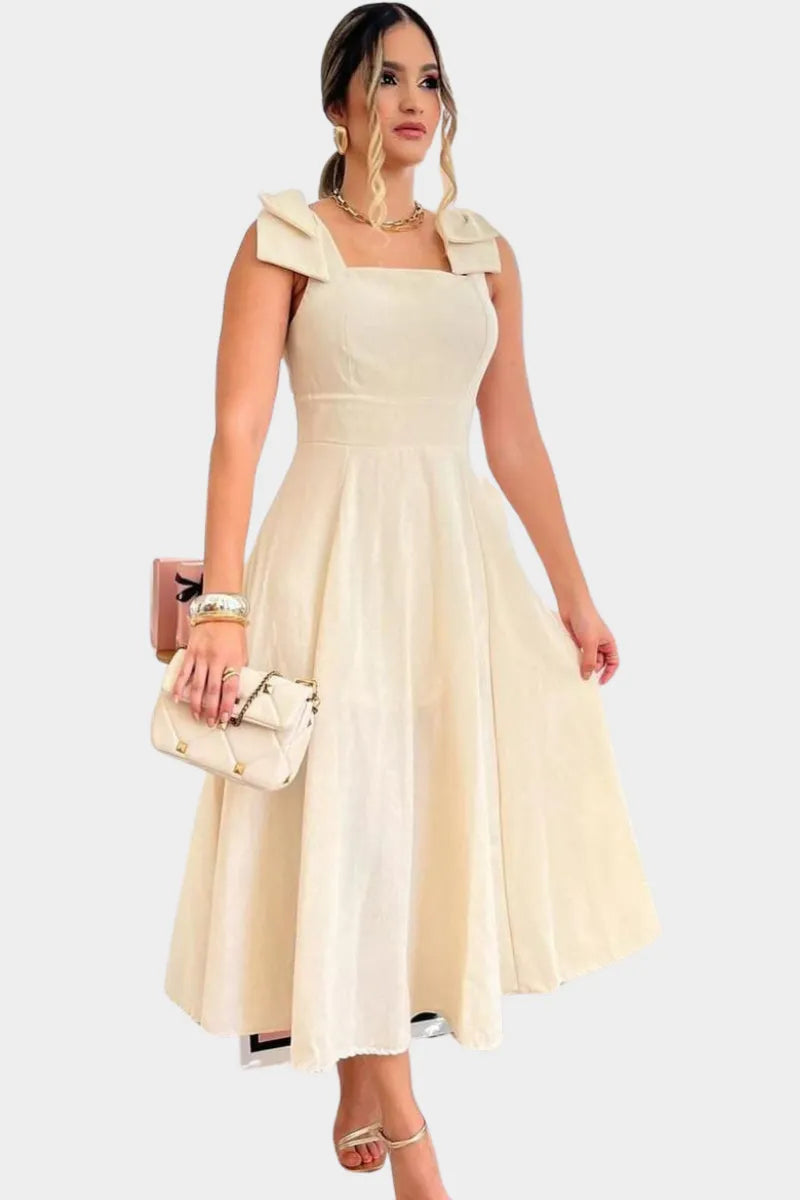 Vestido Midi De Linho Forrado Com Lacinho No Ombro Bojo - Aurora