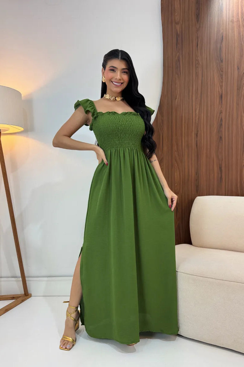 Vestido Longo Feminino Casual Lastex Alcinha Fenda - Mirela