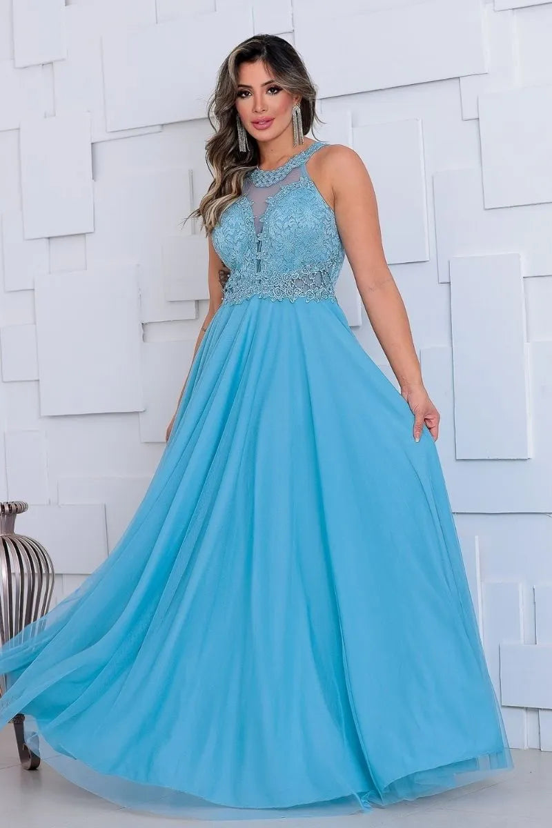 Vestido Longo Rodado Feminino Debutante Madrinha Longo Renda Tule - Cecilia