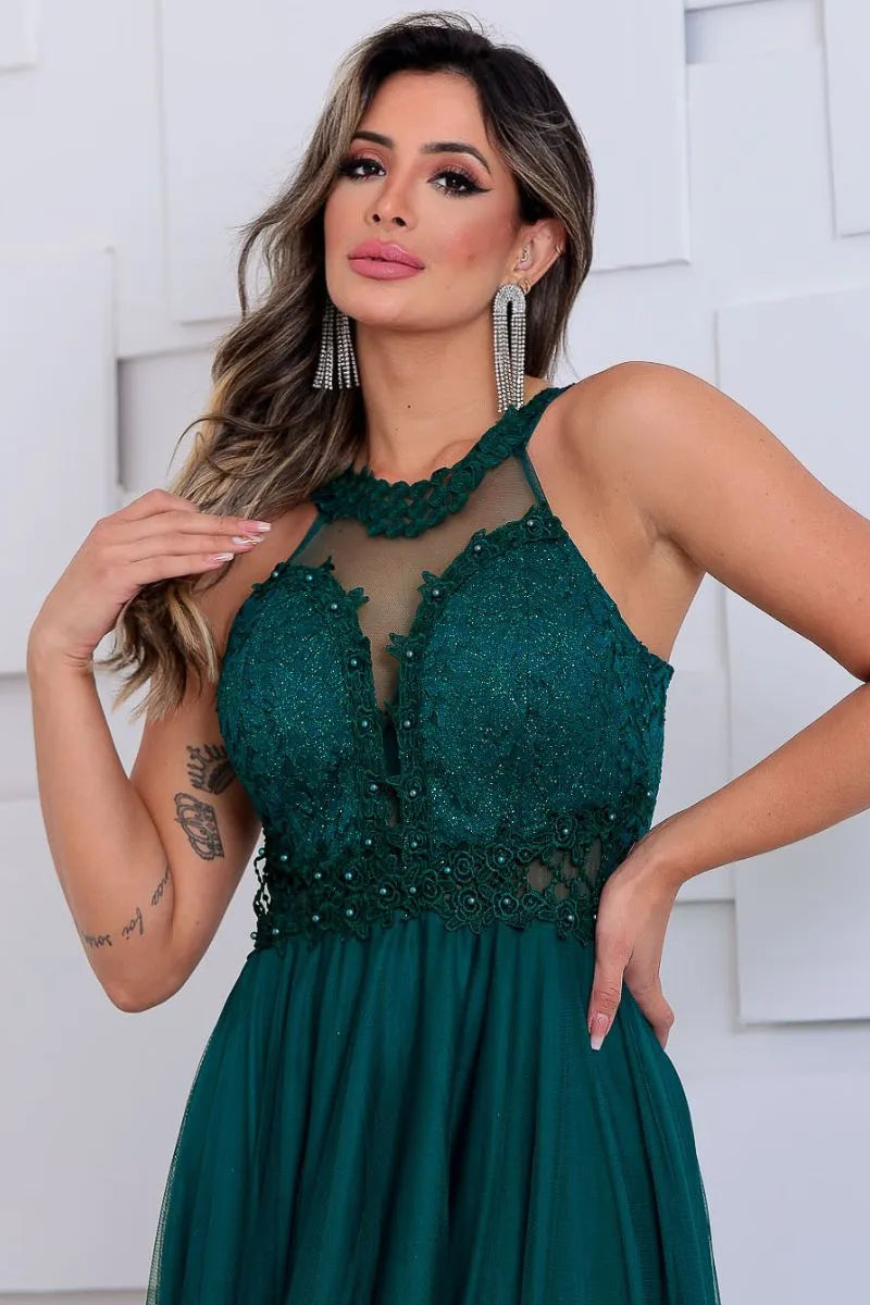 Vestido Longo Rodado Feminino Debutante Madrinha Longo Renda Tule - Cecilia