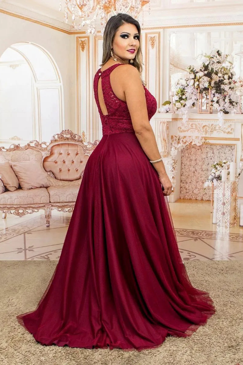 Vestido Longo Rodado Feminino Debutante Madrinha Longo Renda Tule - Cecilia