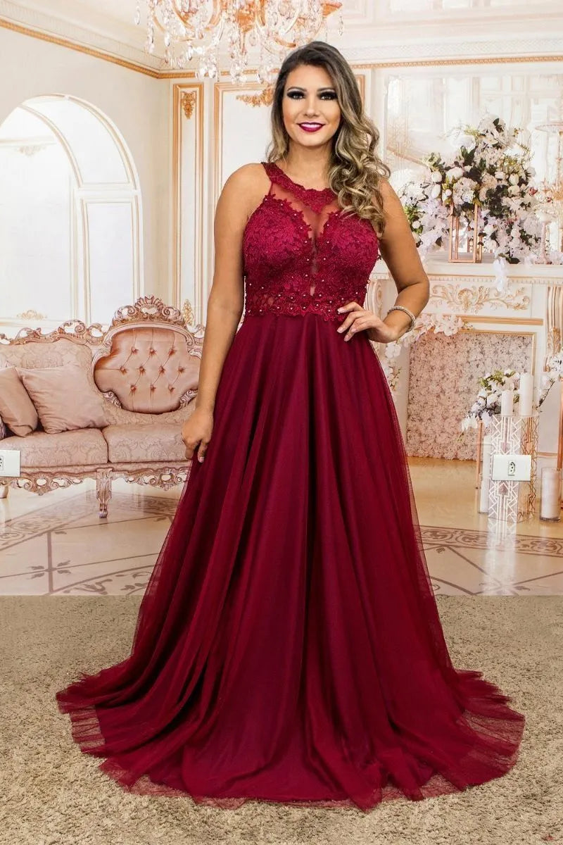 Vestido Longo Rodado Feminino Debutante Madrinha Longo Renda Tule - Cecilia